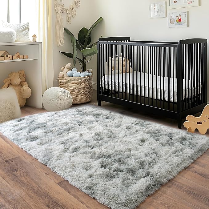 Fluffy Area Rug for Bedroom 4x6, Indoor Plush Carpet, Tie Dye Grey | Shag Soft - Image 4