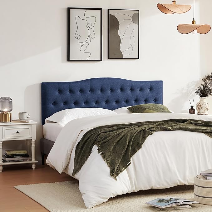 Tufted Upholstered Headboard King Size, Sturdy & Durable Solid Wood Bed headboard, Fabric Headboard Adjustable Height from 37” to 51”, Modern Button Diamond Design Head Board, Blue
