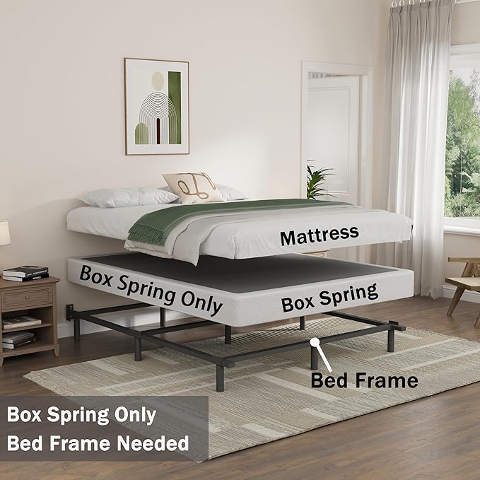 Queen Size Box Spring and Cover Set, 9 Inch High Profile Metal BoxSpring, Heavy Duty Structure Mattress Foundation, Noise Free, Non-Slip, Easy Assembly