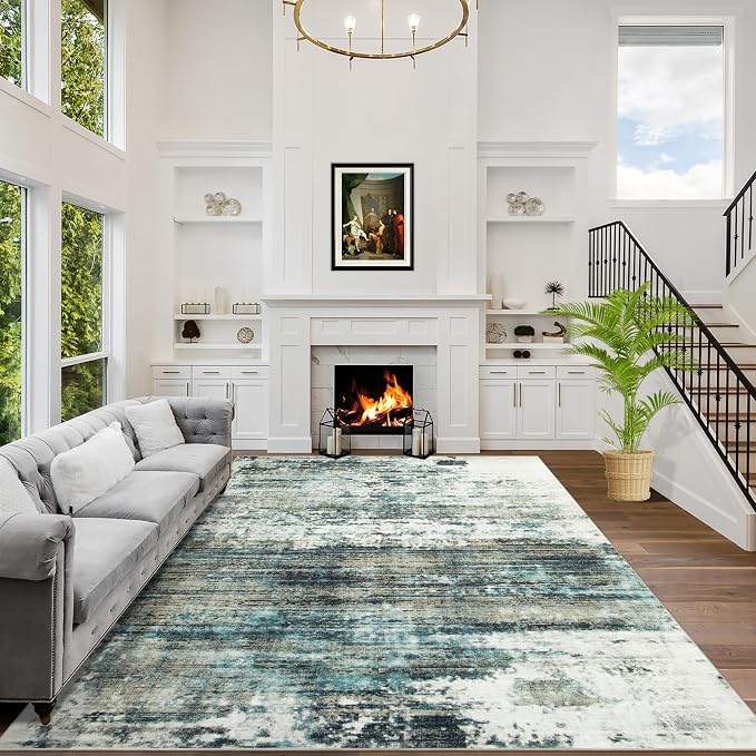 10x14 Area Rugs for Living Room: Washable Abstract Teal Green Carpet | Non-slip by GENTDRIZZ