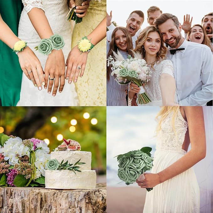 JOYLEX 50PCS Elf Green Artificial Flowers Realistic Roses, Real Looking Fake Roses with Stem for DIY Wedding Bouquets Centerpieces Bridal Shower Party Home Romantic Decorations (Elf Green, 50pcs)