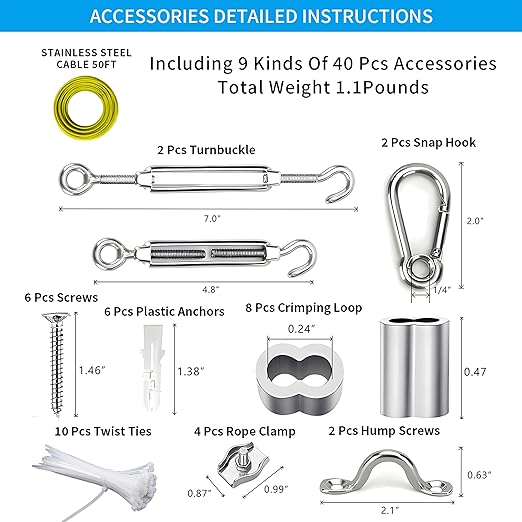 Globe String Light Suspension Kit, Outdoor Light Guide Wire, Vinyl Coated Stainless Steel Steel Cable，Include 50ft Transparent PVC and 304 Stainless Steel Wire Cable, Turnbuckle and Hooks