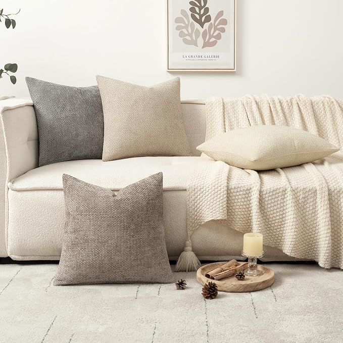 MIULEE Decorative Chenille Pillow Covers Neutral Beige 16x16 Pack of 4 | Modern - Image 5