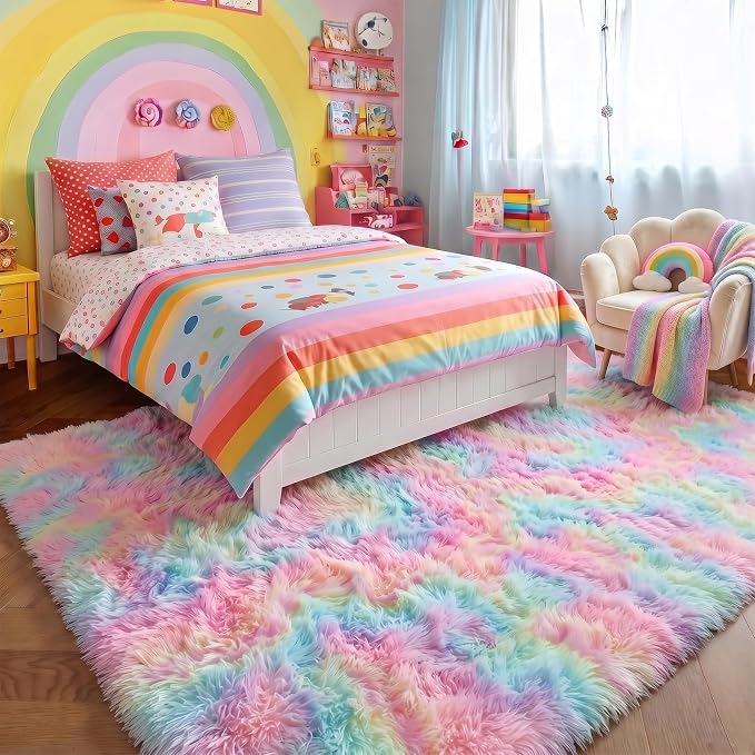 Amdrebio Rainbow Unicorn Shag Kids Rug 5x8 - Image 3