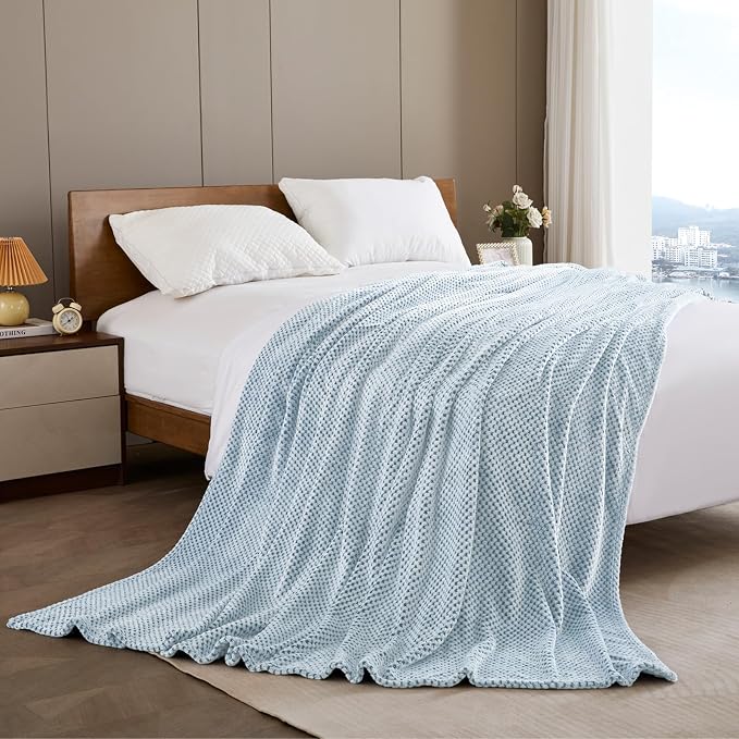 Exclusivo Mezcla Soft Waffle Fleece Bed Blanket King Size, Heather Blue | - Image 5
