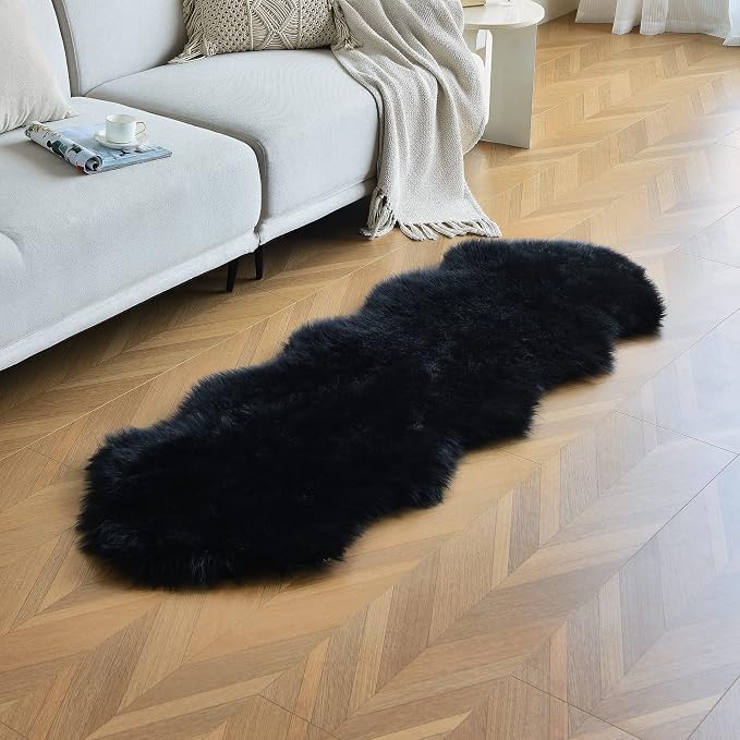 duduta Black Faux Sheepskin Runner Rugs 2x6 ft, Fluffy Fur Couch Covers | Shag - Image 2