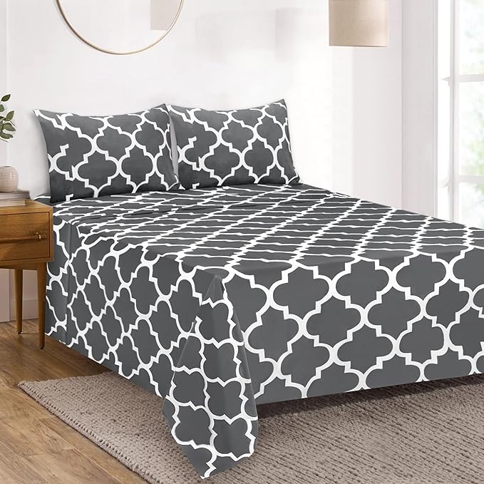Mejoroom Full Bed Sheet Set - Super Soft Brushed Microfiber 1800 Thread Count Sheets with 16 inch Deep Pocket - Wrinkle Free - 4 Piece(Full, Gray Quatrefoil with White Pattern)