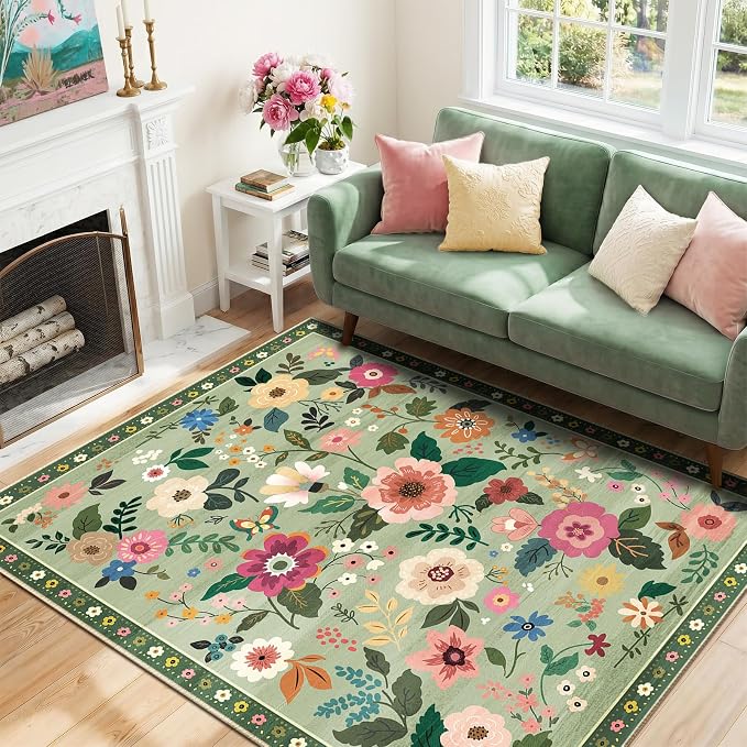 RELEANY Floral Washable 4x6 Area Rugs LightGreen | Flower Carpet Print Boho by RELEANY