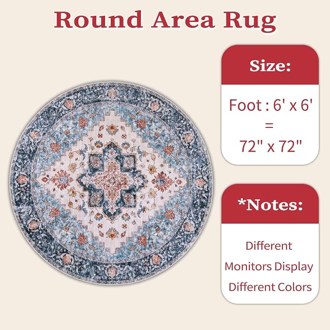 SERISSA 6ft Washable Non Slip Round Boho Area Rug - Image 6