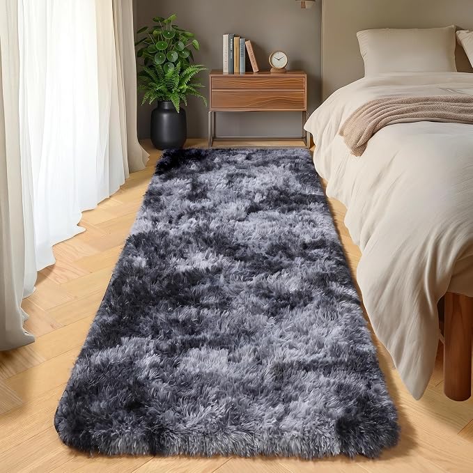 Runner Rugs for Bedroom Living Room, Fluffy Tie-Dyed Dark Grey 2x6 Area Rug | by ONASAR