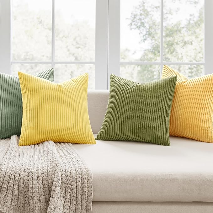 MIULEE Soft Corduroy Decorative Throw Pillow Covers Yellow Green 18x18 | Set of - Image 2