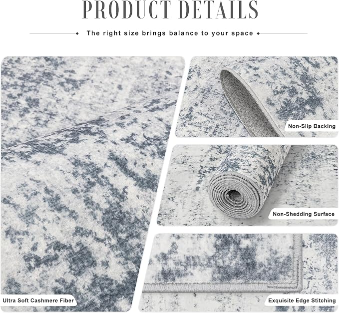 3x14 Washable Runner Rug：Modern Abstract Soft Carpet Blue Grey | - Image 5