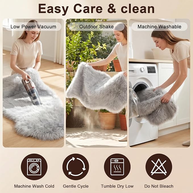 duduta Gray Faux Sheepskin Chair Seat Covers, Fluffy Shag Fur Throw Rugs Room - Image 4