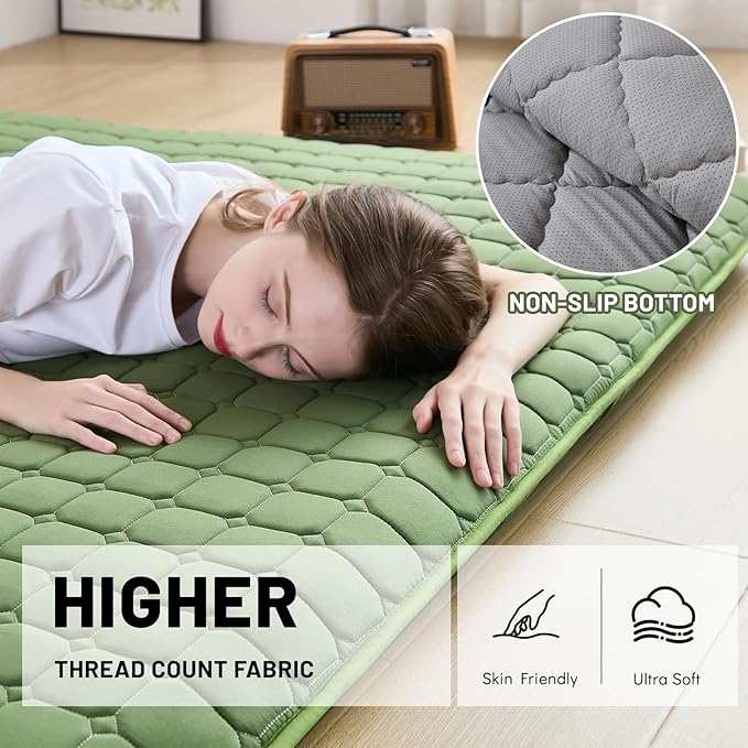 Japanese Floor Mattress Full, Anti-Slip Japanese Futon Foldable Tatami Mat for Guests, Green