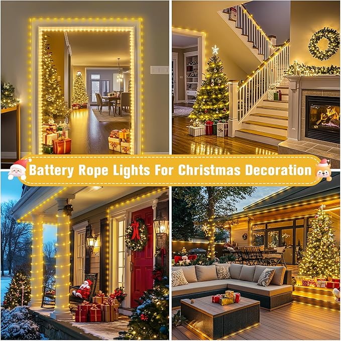JMEXSUSS 100 LED Battery Operated Rope Lights Outdoor Waterproof, 33ft 8 Modes Battery Powered String Lights with Remote Outdoor for Trampoline Camping Tent Patio Garden Christmas Decor (Warm White)