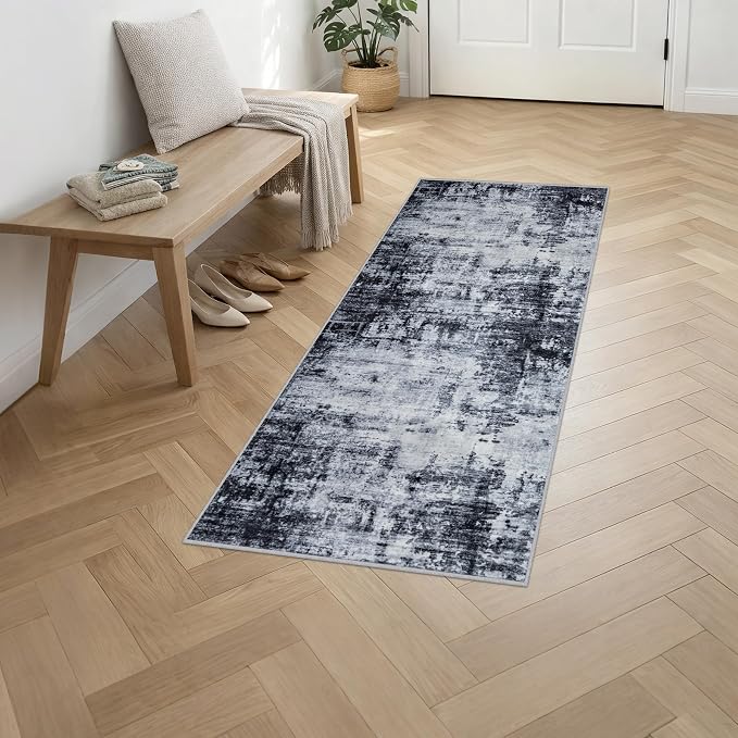 2x6 Washable Runner Rug：Modern Abstract Soft Carpet Dark Black | - Image 3