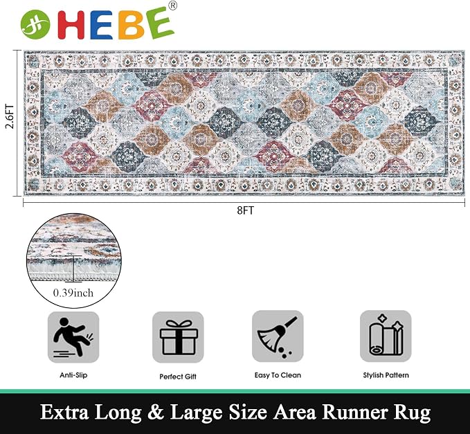HEBE Hallway Runner Rug 2'8''x8', Washable Non Slip Kitchen Rug Runner | Soft - Image 2