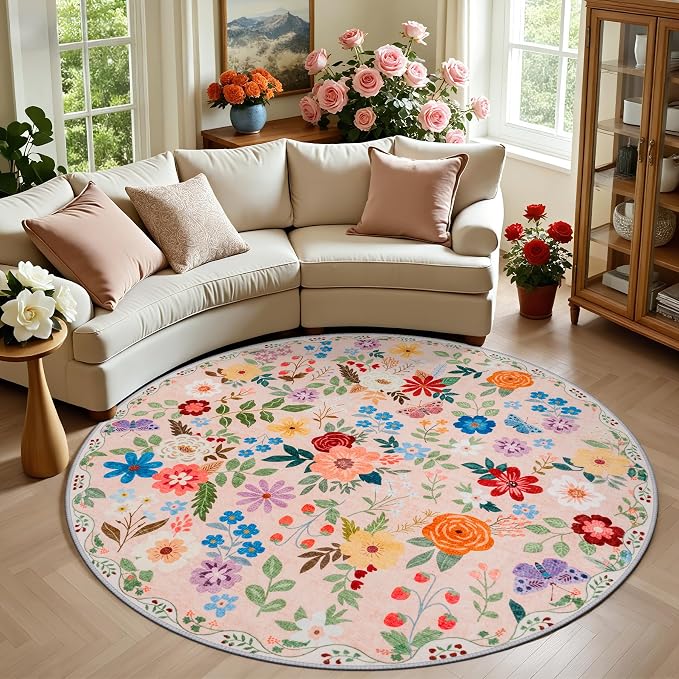 PLHXFR Round Area Rug Living Room: 6 ft Floral Washable Soft Carpet Beige | by PLHXFRSoftAreaRugs