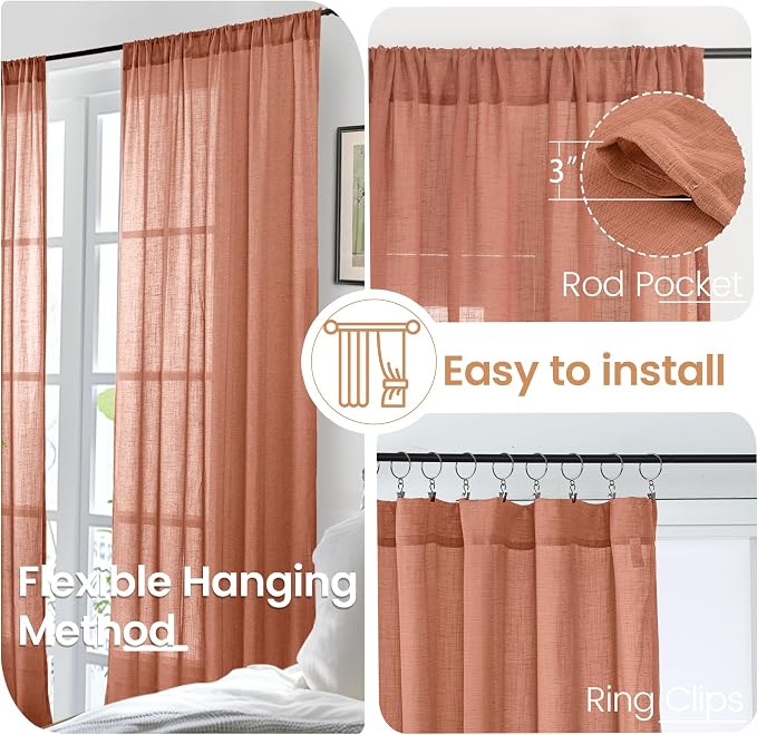BGment Terracotta Linen Curtains 60 X 84 Inch Length, Wide Semi Sheer Drapes - Image 6