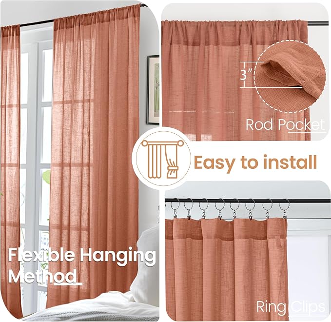 BGment Terracotta Curtains 80 Inch Length, Rustic Semi Sheer Drapes - Image 6