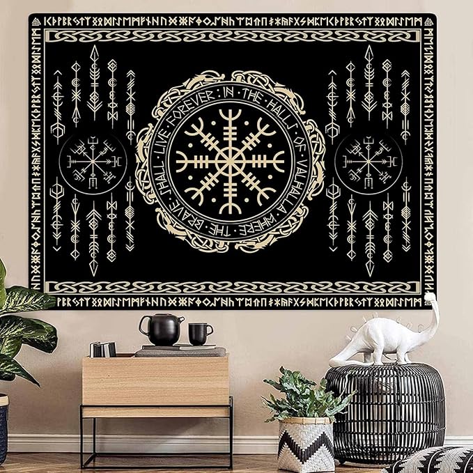 OSUNBD Nordic Vikings Tapestry Large 118x78inches Soft Flannel Vegvsir Symbol Amulet Celtic Rune Scandinavian Aesthetic Mythology Tapestry Wall Hanging for Bedroom Living Room Decor