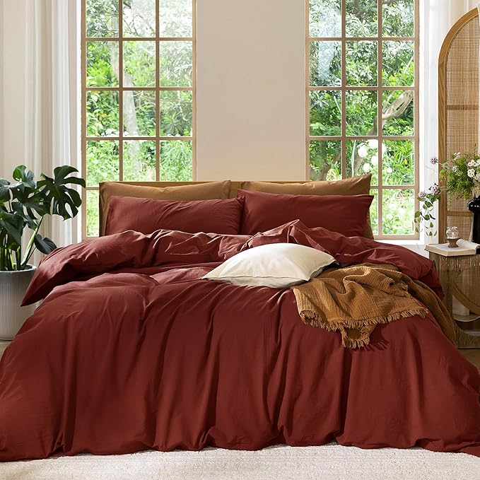 MooMee Bedding Duvet Cover Set 100% Washed Cotton Linen Like Textured Breathable Durable Soft Comfy (Solid Fired Brick Red, Oversized Queen 98"x98")