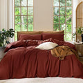 MooMee Bedding Duvet Cover Set 100% Washed Cotton Linen Like Textured Breathable Durable Soft Comfy (Solid Fired Brick Red, Full 80"x90")