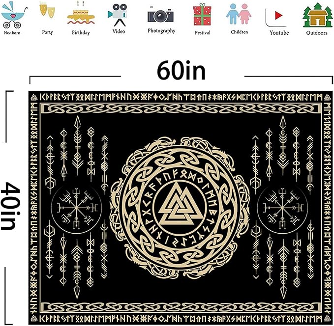 OSUNBD Nordic Viking Tapestry Wall Hanging - Small 60x40inches Soft Flannel with Valknut, Celtic Runes & Norse Mythology Scandinavian for Bedroom, Living Room Decor