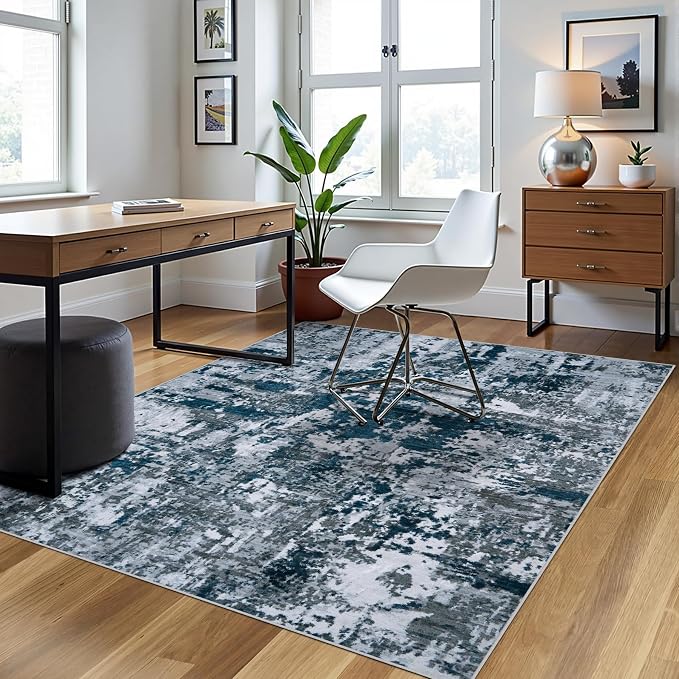 4x6 Area Rugs for Living Room Washable Bedroom Dining Room Navy Grey | Modern - Image 3