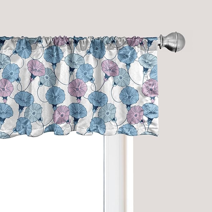 Ambesonne Flower Window Valance, Delicate Pastel Spring Trill Bindweeds, Curtain Valance for Kitchen Bedroom Decor with Rod Pocket, 42" x 18", Blue Grey Mauve