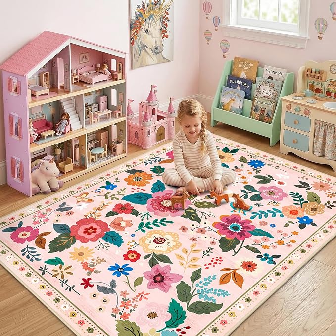 RELEANY Floral Washable 8x10 Area Rugs Pink | Flower Carpet Print Boho Cute Non - Image 8