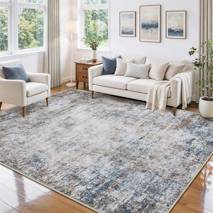 5x7 Area Rugs for Living Room Washable Bedroom Dining Room Brown Blue | Modern - Image 3