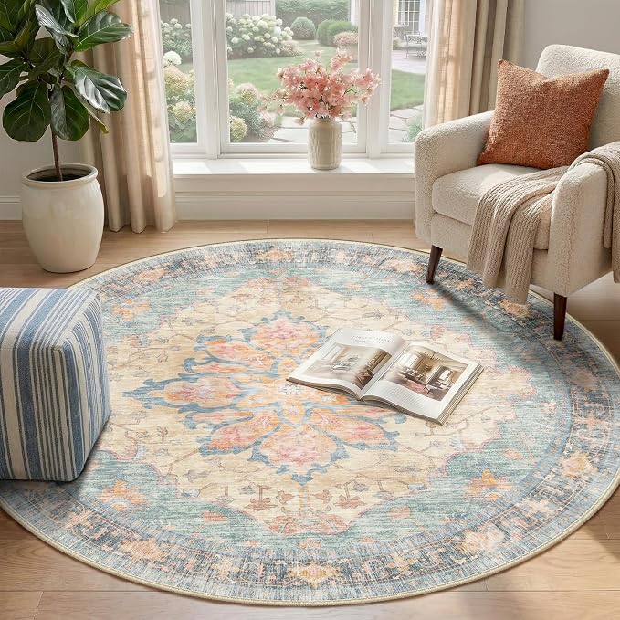 RELEANY Washable Area Rug, Round 4ft, Water Repellent, Pet Friendly, Vintage - Image 2