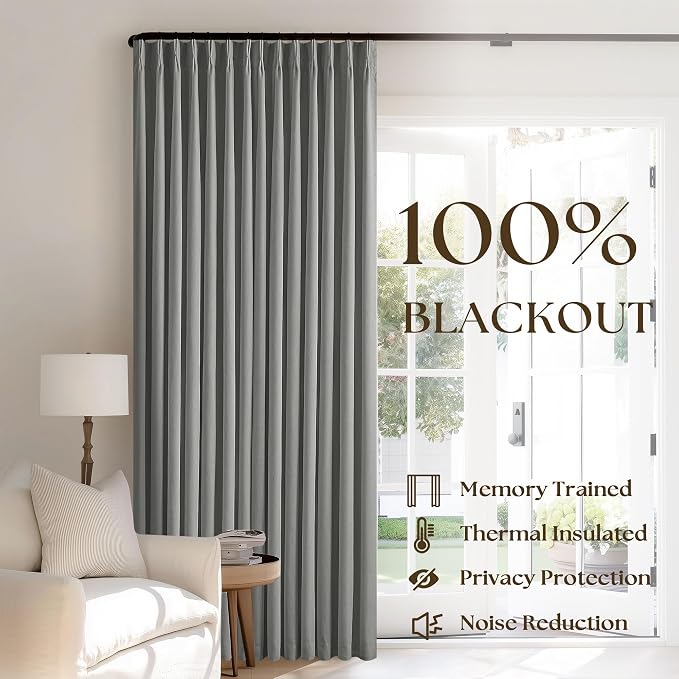 Grey 100% Blackout Pinch Pleat Linen Curtains 108 Inches Long - Image 3