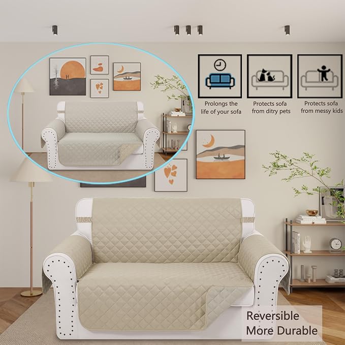 Reversible Loveseat Couch Sofa Covers, Sand/Beige | Loveseat Covers - Image 2