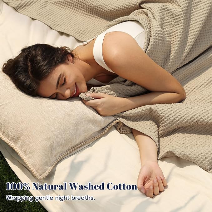 PHF 100% Cotton Waffle Weave Blanket King Size for Bed,Snag Proof Lightweight Breathable Throw for Couch,Great for Layering in Cold Weather,Machine Washable,Home Decor Gift-Khaki/Simply Taupe