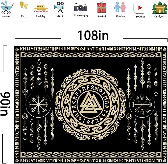 OSUNBD Nordic Viking Tapestry Wall Hanging - Large 108x90 inches Soft Flannel with Valknut, Celtic Runes & Norse Mythology Scandinavian for Bedroom, Living Room Decor