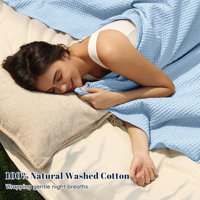 PHF 100% Cotton Waffle Weave Blanket King Size for Bed,Snag Proof Lightweight Breathable Throw for Couch,Great for Layering in Cold Weather,Machine Washable,Home Decor Gift-Sky Blue/Baby Blue