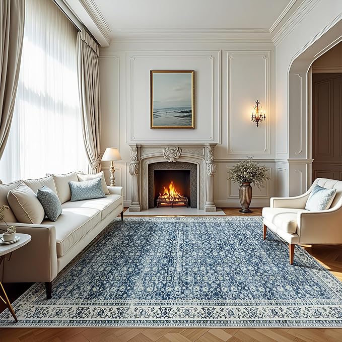 8x10 Boho Washable Area Rugs for Living Room, Dining Room-White Blue | Retro by Lbris