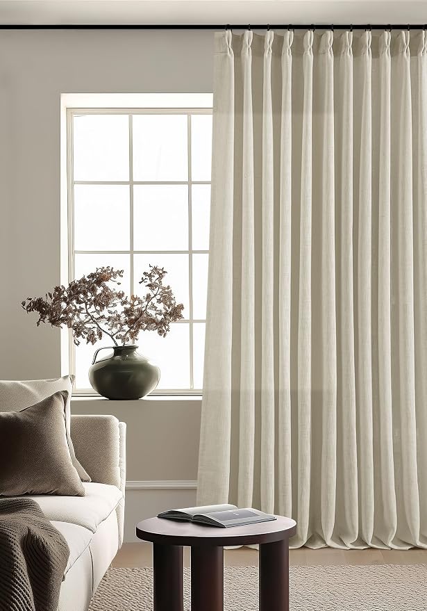 Pinch Pleat Extra Wide Beige Linen Curtain 120 Inches Long 70 Wide 1 Panel | by Twodrapes