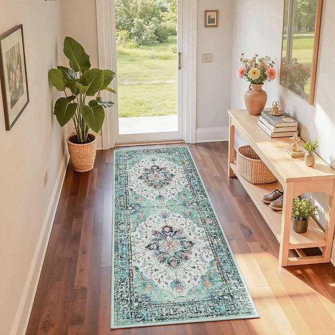 RELEANY Washable Area Rug, Runner 2'x6', Teal Green/White/Navy | Non-Slip - Image 3