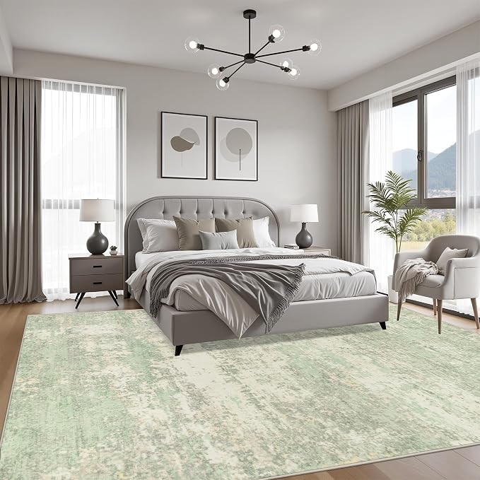 6x9 Area Rug Living Room: Modern Washable Soft Carpet Green Cream | - Image 3