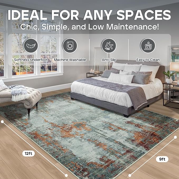 9x12 Area Rugs for Living Room Bedroom Dining Room Washable Red Brown | Soft - Image 2