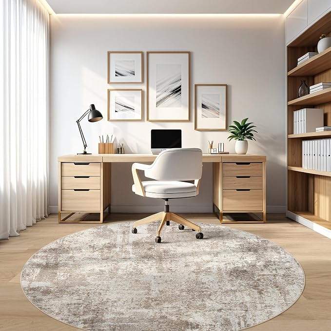LOONGRUG Round Rug 7x7 Washable Large Neutral Modern Area Rugs Brown Beige | - Image 7