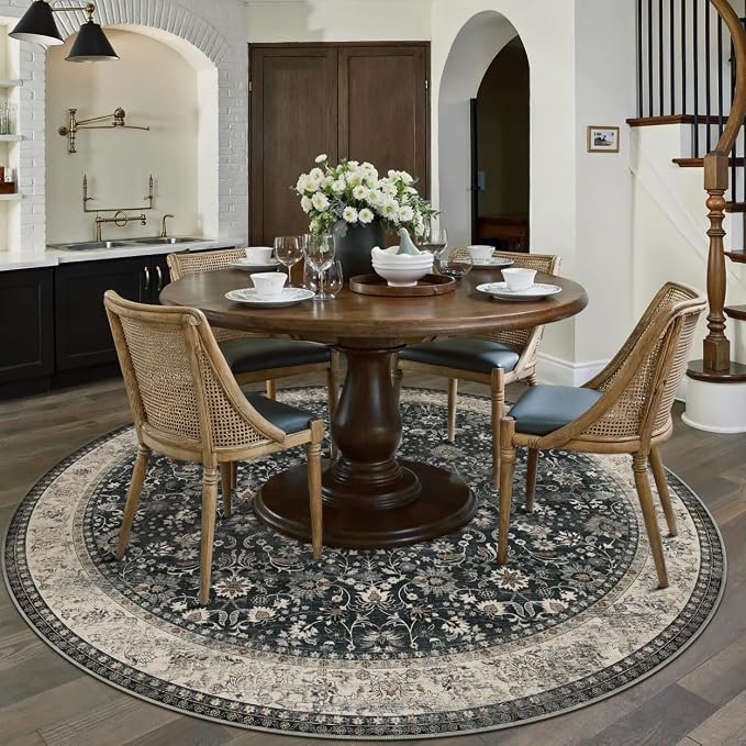 4ft Round Black Beige Vintage Floral Washable Rug - Image 3