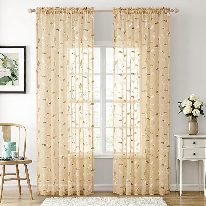 MIULEE Khaki Sheer Curtains 2 Panels Embroidered Leaf Patterned, W52 x L84 | - Image 2