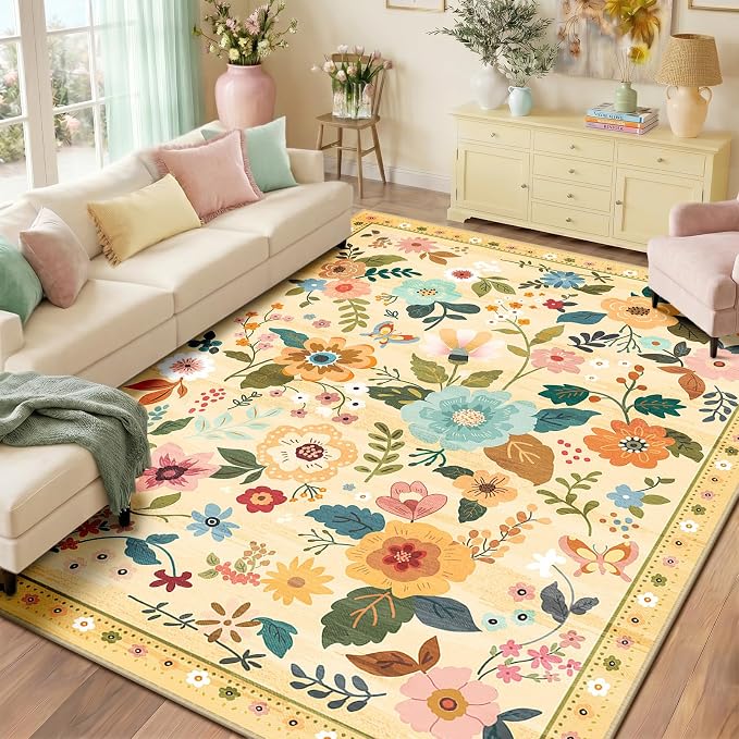 RELEANY Floral Washable 8x10 Area Rugs Ivory/Yellow | Flower Carpet Print Boho by RELEANY