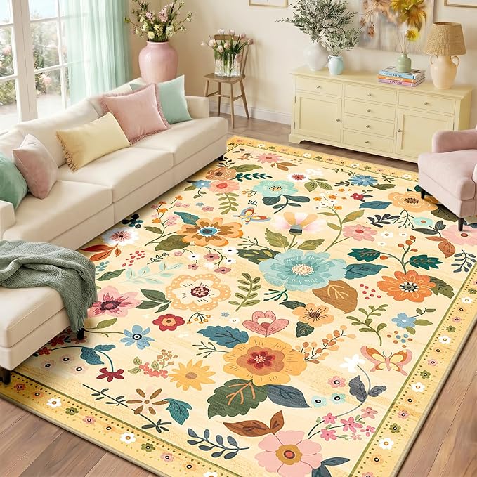 RELEANY Floral Washable 9x12 Area Rugs Ivory/Yellow | Flower Carpet Print Boho by RELEANY