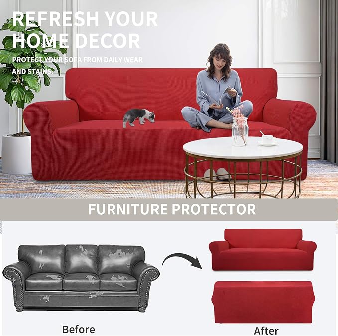 Easy-Going Stretch Oversized Loveseat Couch Covers Washable Christmas Red | - Image 4