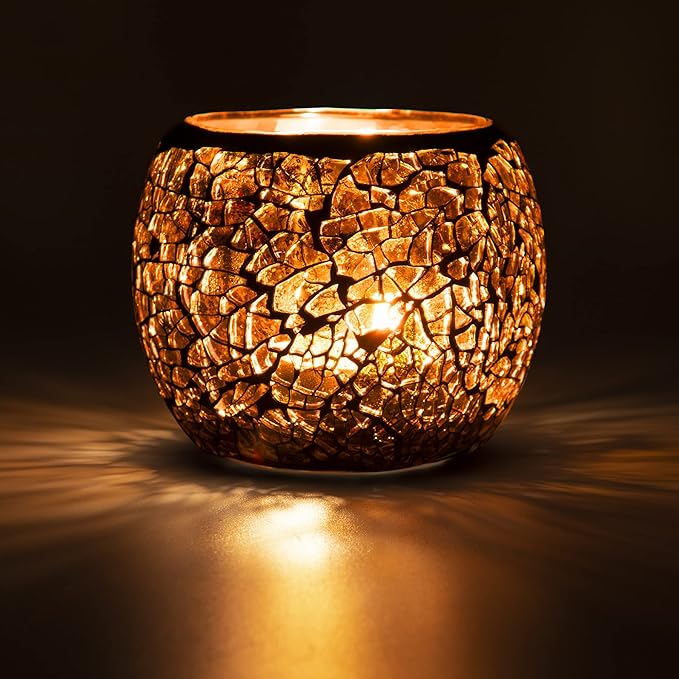 Scented Candle Holder Mosaic Glass Tea Light Holder,Handmade Romantic Glass Tealight Candle Holder for Aromatherapy,Party Décor(NO Candles),Also Used as Vase,Pen Holder,Potted Plants Bowl (Amber)